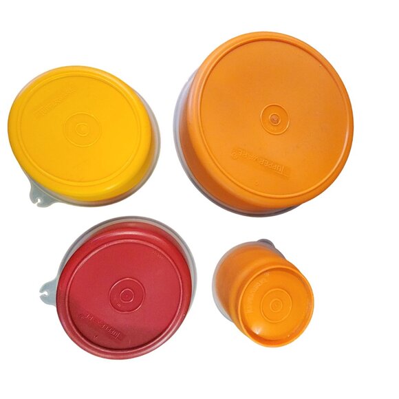 Vintage Tupperware Stacking Bowls With Lids 4-Piece Set Orange & Red - Picture 2 of 2